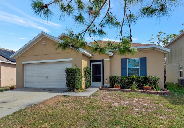 ranch-style house with a garage, driveway, a front lawn, and stucco siding