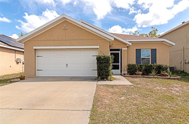 single story home featuring central air condition unit, stucco siding, concrete driveway, an attached garage, and a front lawn