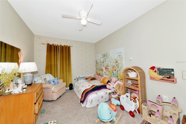 bedroom featuring a ceiling fan, carpet, and wallpapered walls