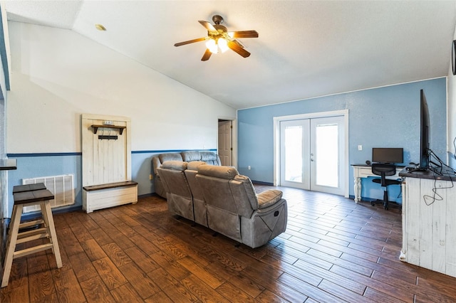 living room with visible vents, dark wood finished floors, a ceiling fan, lofted ceiling, and french doors