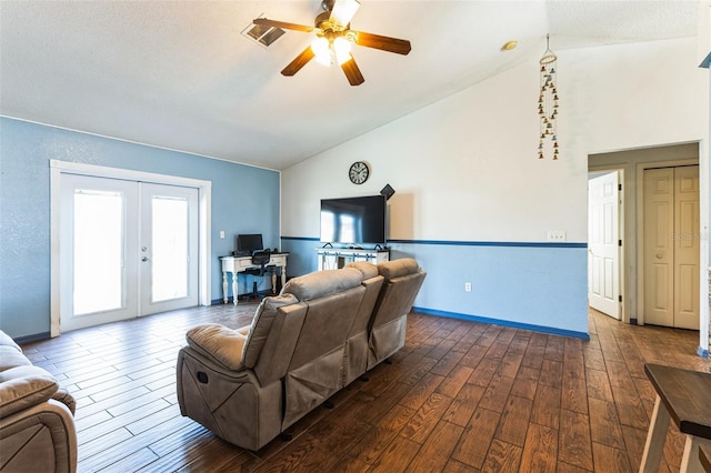 living room featuring baseboards, visible vents, a ceiling fan, dark wood-style flooring, and french doors