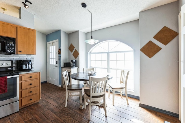 dining area featuring dark wood finished floors, a textured ceiling, and baseboards