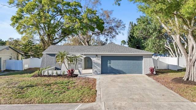 single story home featuring a garage, driveway, fence, and stucco siding