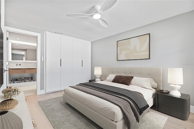 bedroom with visible vents, ceiling fan, and light wood finished floors