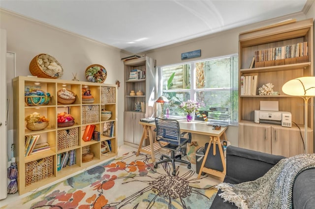 home office with crown molding