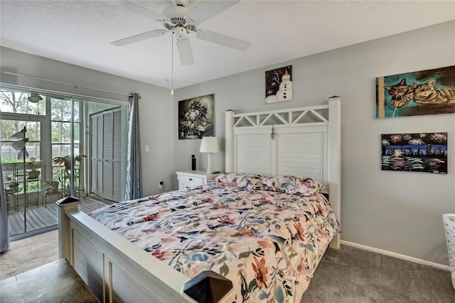 carpeted bedroom with access to outside, baseboards, ceiling fan, and a textured ceiling