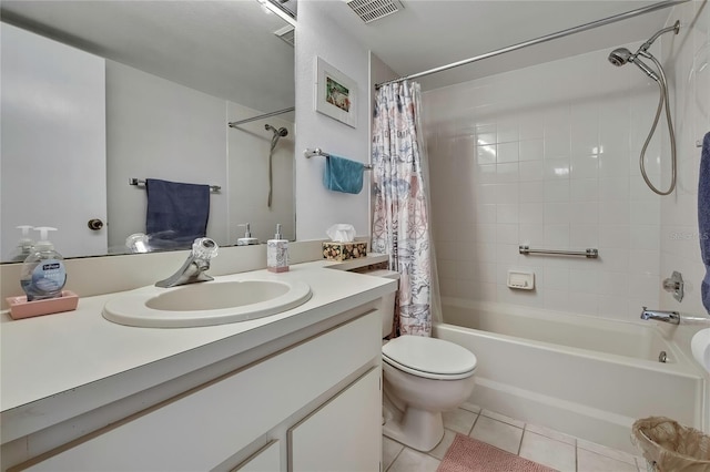 bathroom with tile patterned flooring, toilet, visible vents, vanity, and shower / bath combo with shower curtain