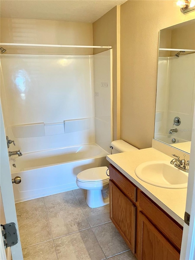 full bathroom with shower / bathtub combination, tile patterned flooring, vanity, and toilet