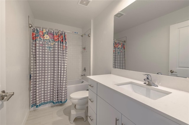 bathroom with toilet, visible vents, shower / bath combination with curtain, and vanity