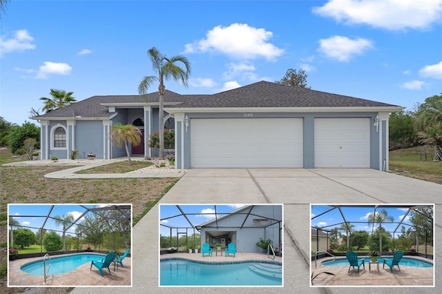 5140 Eclipse Ct, Spring Hill, FL 34607 - view of front of property with a lanai, stucco siding, an attached garage, concrete driveway, and an outdoor pool