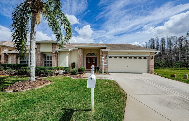 single story home with a garage, a front yard, concrete driveway, and brick siding