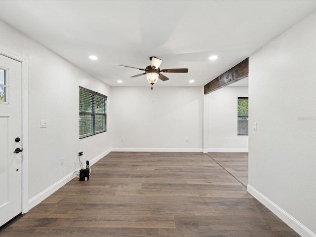 unfurnished room featuring recessed lighting, baseboards, wood finished floors, and a ceiling fan