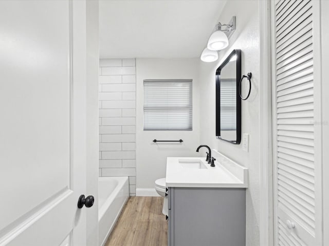 full bathroom featuring a closet, toilet, wood finished floors, and vanity