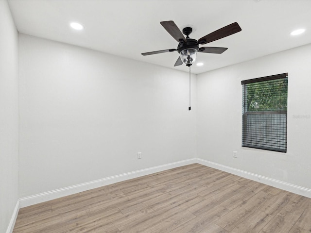 unfurnished room featuring recessed lighting, baseboards, light wood-style floors, and a ceiling fan