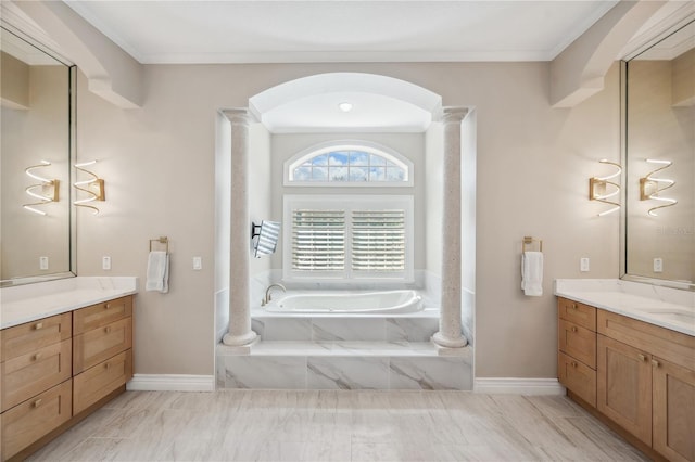 bathroom with a garden tub, baseboards, crown molding, and vanity