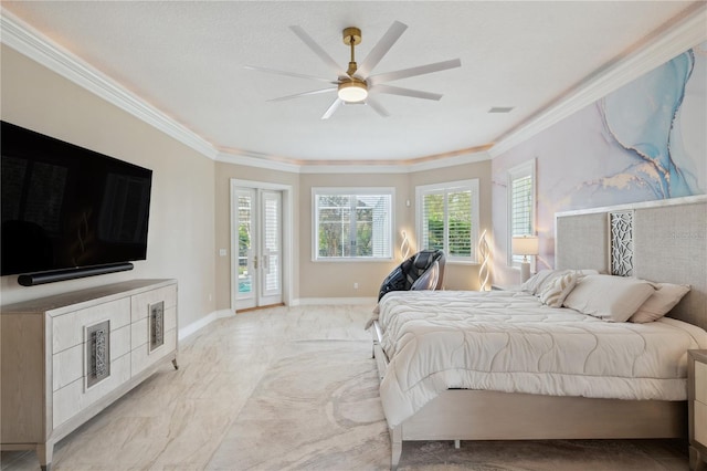 bedroom with crown molding, visible vents, a ceiling fan, access to outside, and baseboards