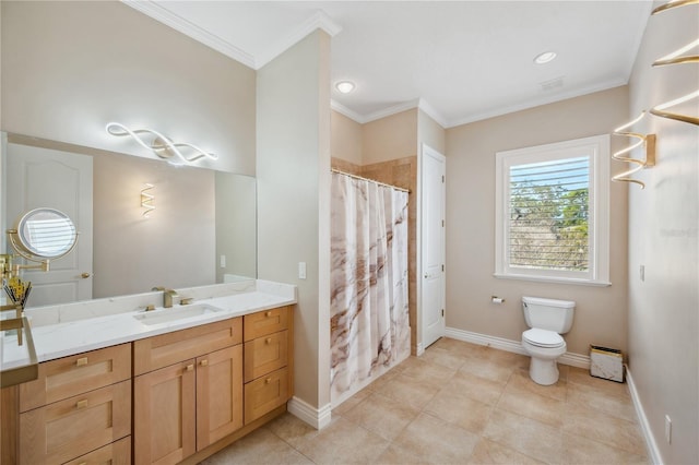 bathroom featuring toilet, baseboards, ornamental molding, and vanity