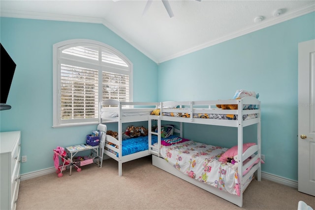 bedroom with crown molding, vaulted ceiling, and carpet flooring