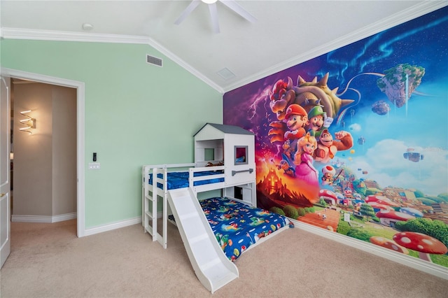 bedroom with carpet flooring, visible vents, baseboards, vaulted ceiling, and crown molding