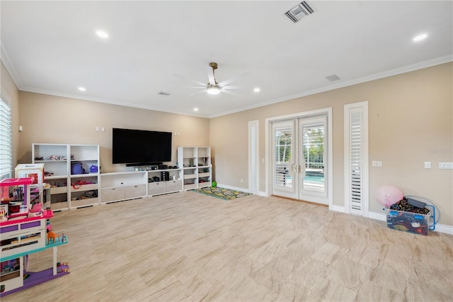 living room with ornamental molding, recessed lighting, french doors, and visible vents