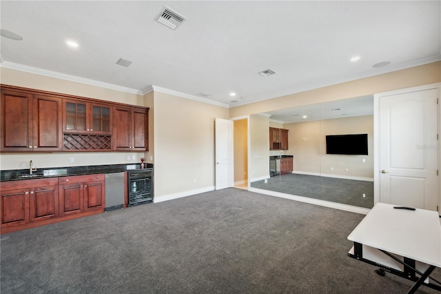 kitchen with wine cooler, dark countertops, visible vents, open floor plan, and a sink