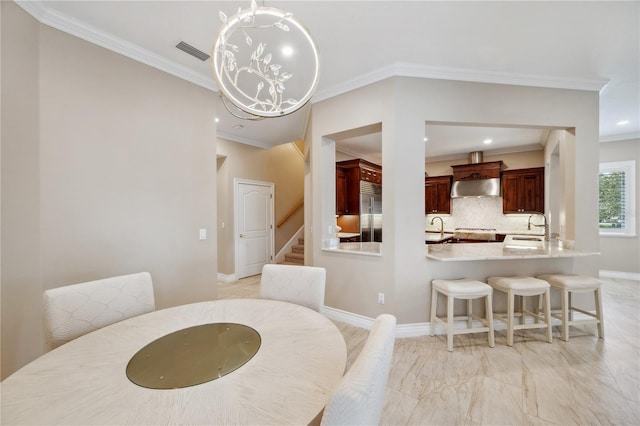 dining area featuring crown molding, visible vents, stairway, a chandelier, and baseboards