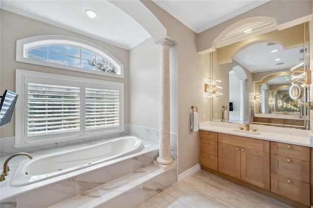 full bath with crown molding, a wealth of natural light, vanity, ornate columns, and a bath