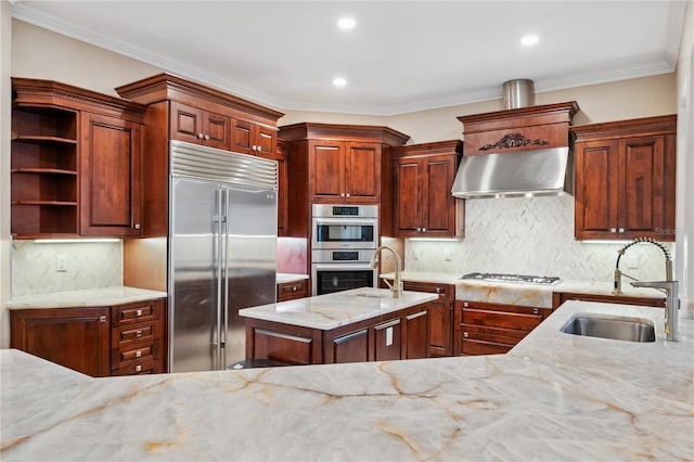 kitchen with appliances with stainless steel finishes, a sink, light stone countertops, range hood, and backsplash