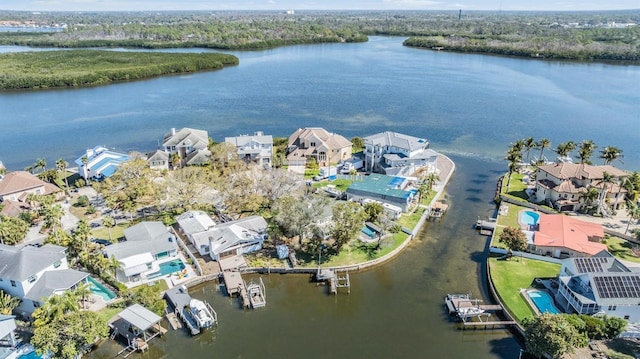 aerial view with a water view and a residential view