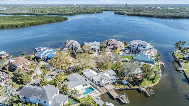 aerial view featuring a water view and a residential view