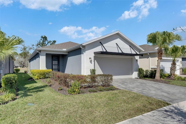 ranch-style house with decorative driveway, roof with shingles, stucco siding, an attached garage, and a front lawn