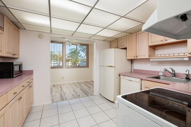 kitchen with open shelves, light tile patterned floors, a sink, white appliances, and under cabinet range hood