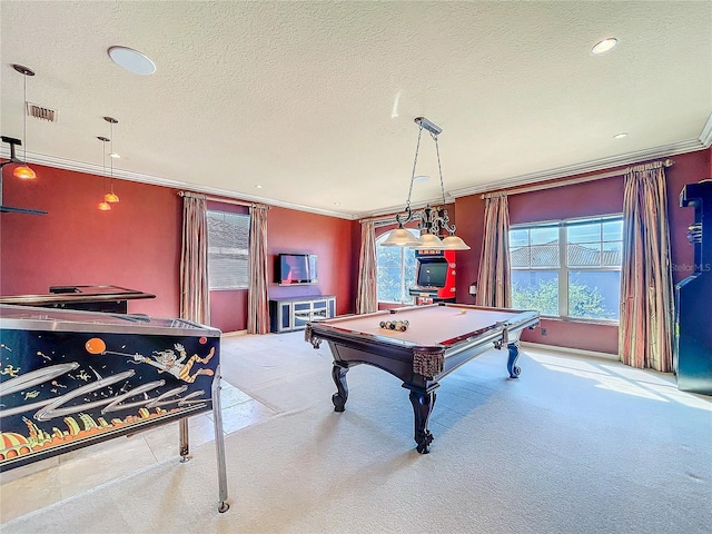 recreation room with pool table, visible vents, ornamental molding, carpet flooring, and a textured ceiling