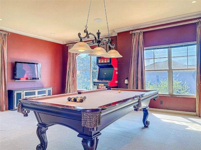 game room with carpet floors, ornamental molding, and pool table