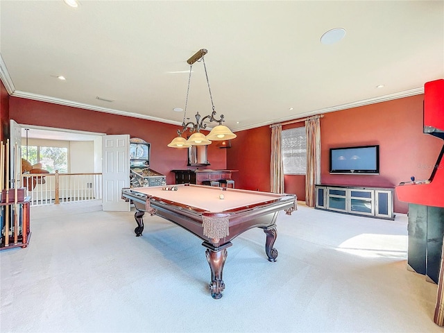 recreation room with carpet floors, recessed lighting, ornamental molding, and pool table