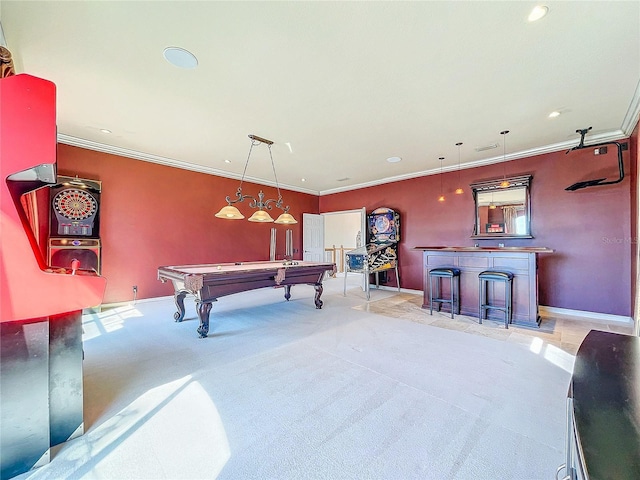 recreation room with a dry bar, recessed lighting, ornamental molding, light carpet, and billiards