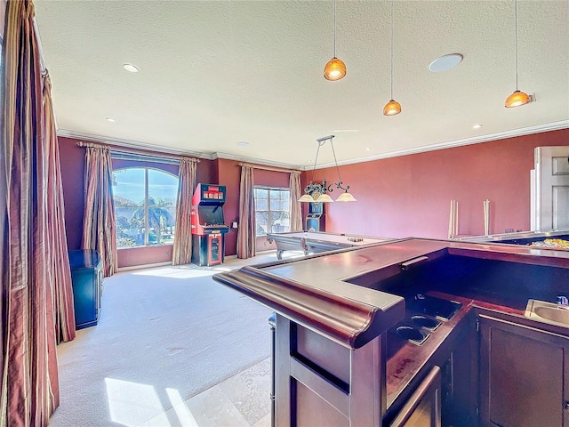 kitchen with carpet floors, pendant lighting, crown molding, and a textured ceiling