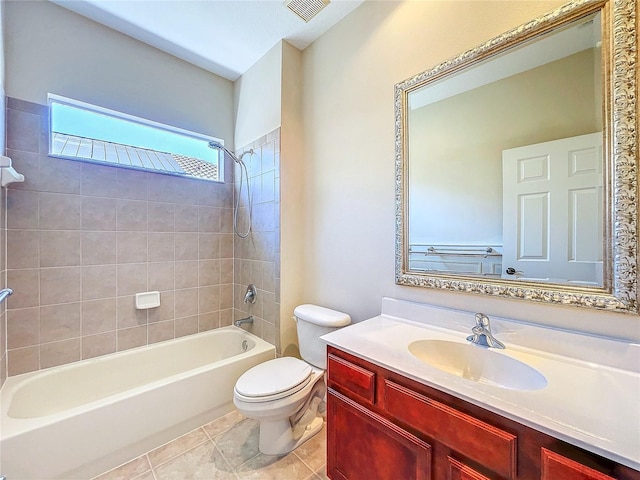 full bath featuring bathtub / shower combination, visible vents, toilet, vanity, and tile patterned floors