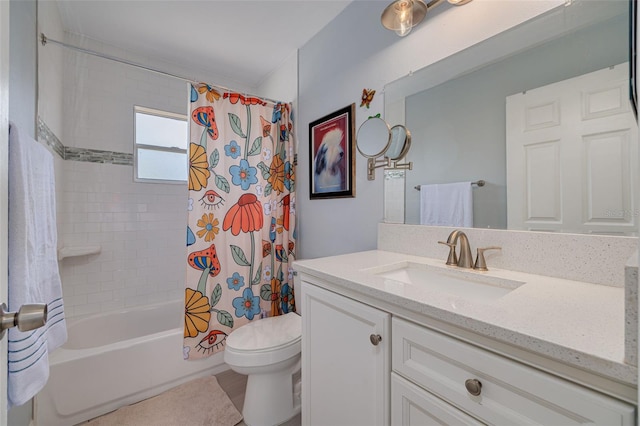 full bathroom with toilet, shower / bathtub combination with curtain, and vanity