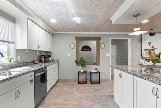 kitchen with stainless steel dishwasher, ornamental molding, white cabinetry, a sink, and wooden ceiling