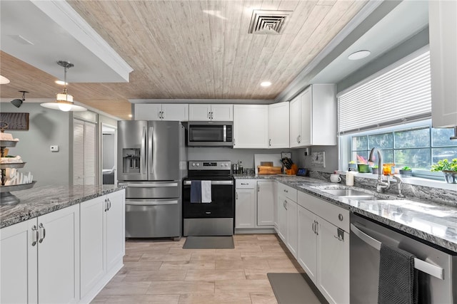 kitchen with stainless steel appliances, visible vents, a sink, light stone countertops, and wooden ceiling