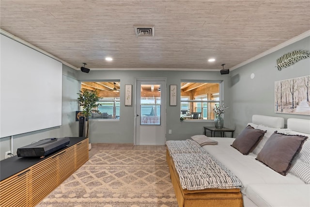 interior space featuring recessed lighting, plenty of natural light, visible vents, and crown molding