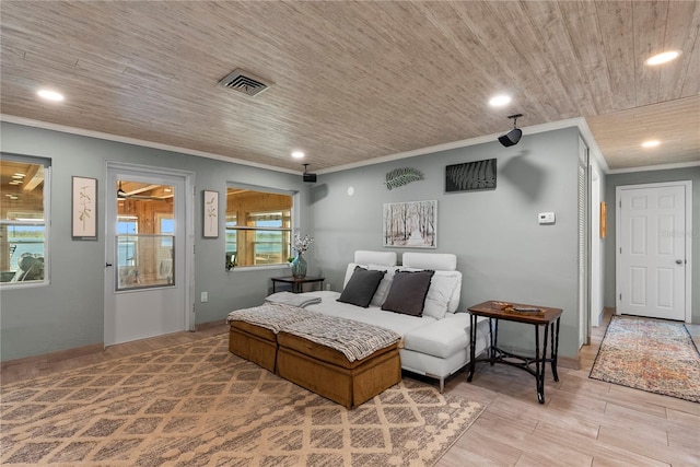 interior space with visible vents, wood ceiling, wood finished floors, crown molding, and recessed lighting