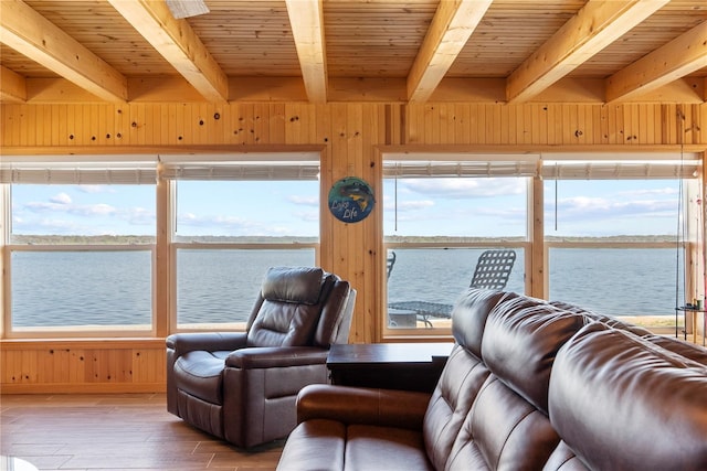 living area featuring a water view, plenty of natural light, and wooden walls