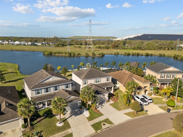 bird's eye view featuring a water view and a residential view