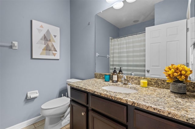 bathroom featuring baseboards, toilet, curtained shower, tile patterned flooring, and vanity