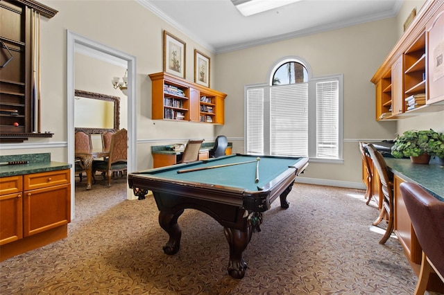 recreation room featuring light carpet, crown molding, baseboards, and billiards