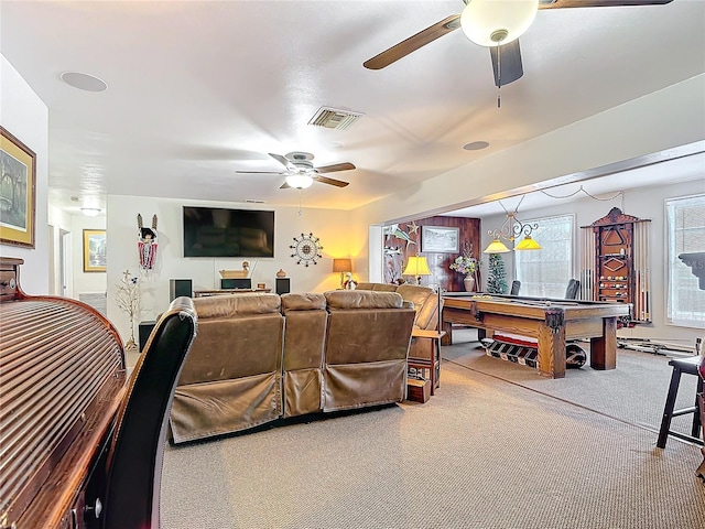 living area featuring a ceiling fan, pool table, visible vents, and carpet flooring