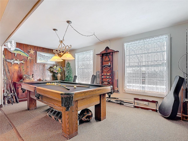 game room featuring pool table, wood walls, and carpet