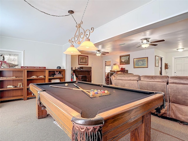 rec room with light carpet, billiards, and a ceiling fan